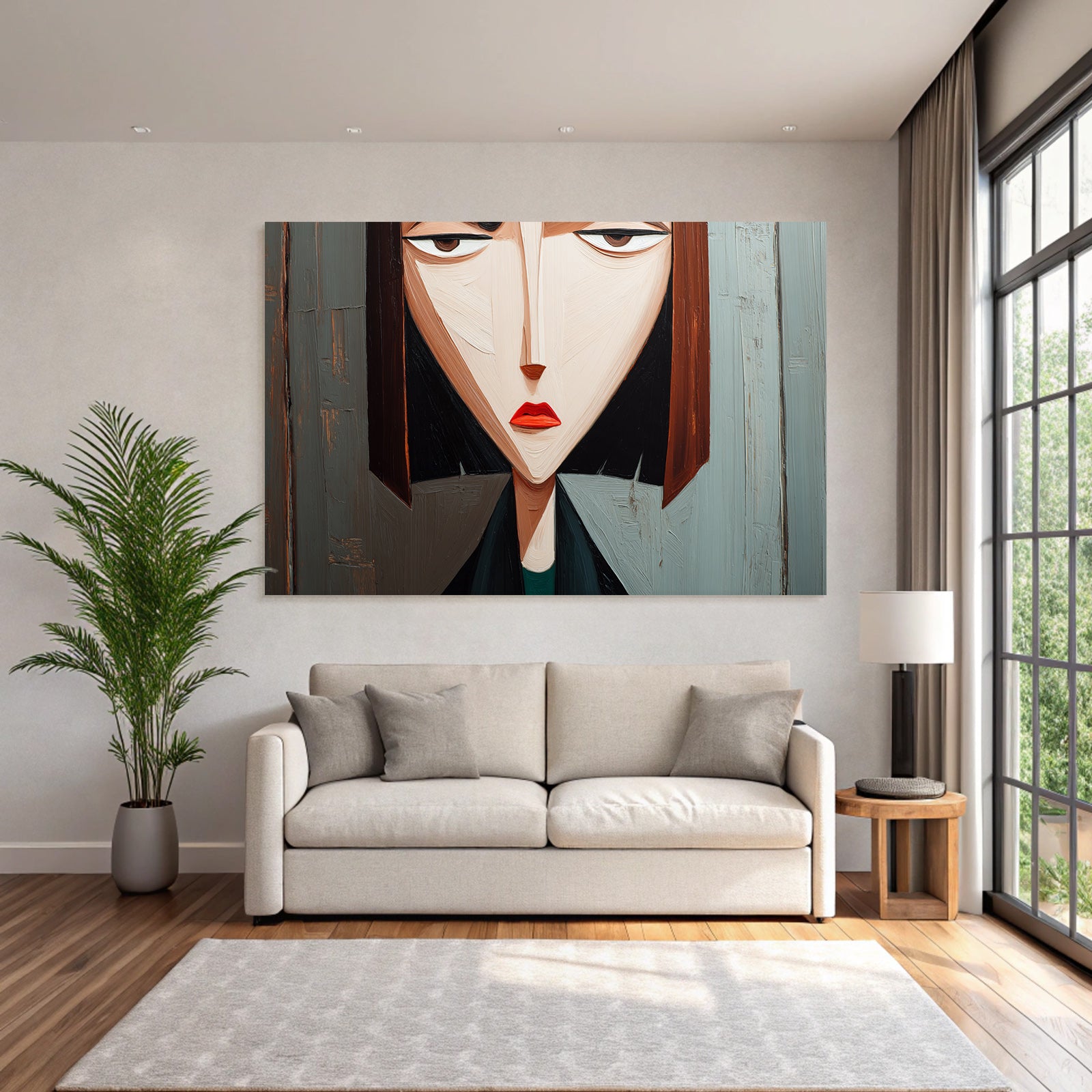 ArtDeco Abstraktes Portrait Einer Frau Mit Spitzenwinkeln Und Holzhintergrund