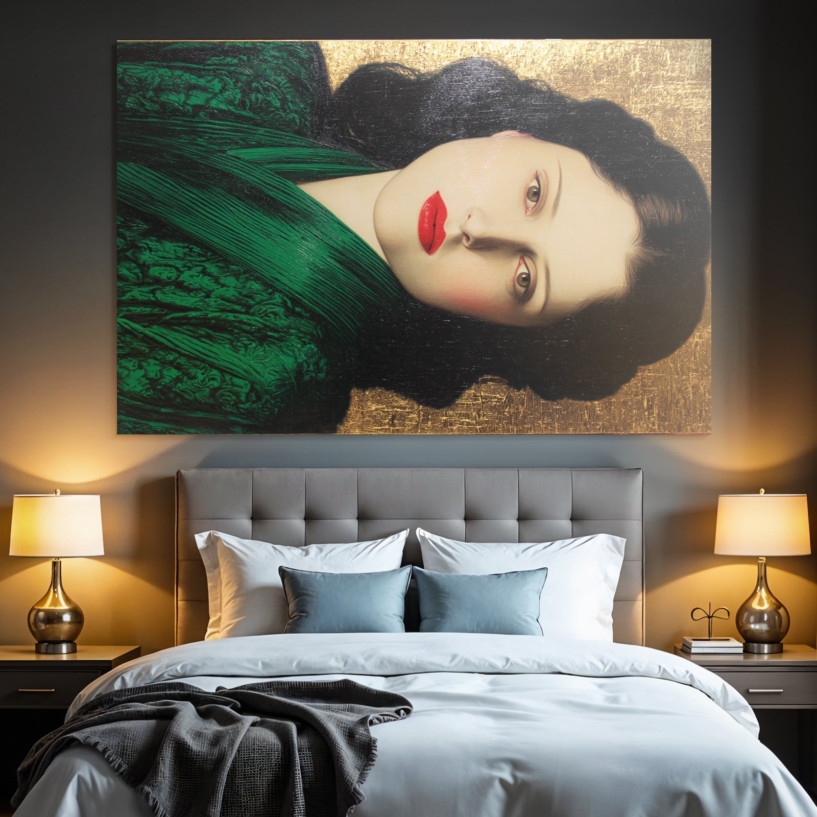 ArtDeco Bildnis Elegante Frau Vor Goldhintergrund Mit Grünem Kleid Und Roten Lippen