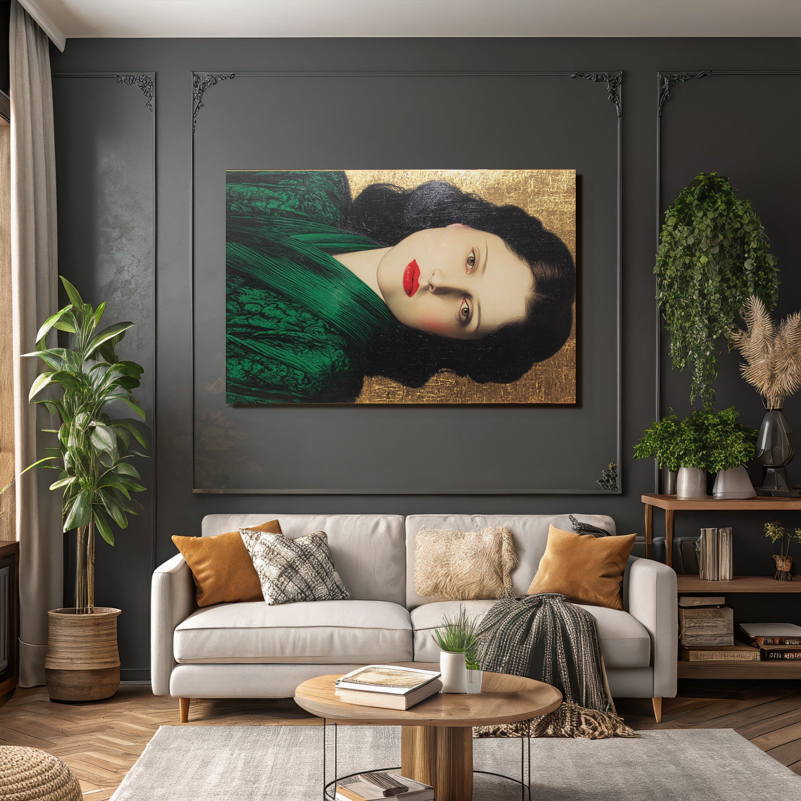 ArtDeco Bildnis Elegante Frau Vor Goldhintergrund Mit Grünem Kleid Und Roten Lippen