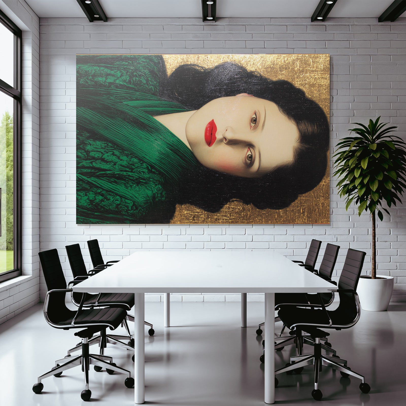 ArtDeco Bildnis Elegante Frau Vor Goldhintergrund Mit Grünem Kleid Und Roten Lippen