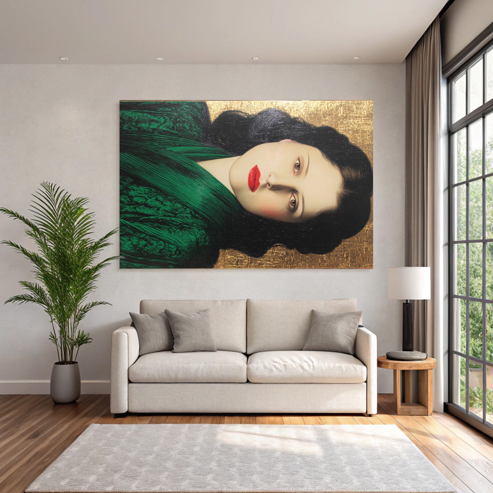 ArtDeco Bildnis Elegante Frau Vor Goldhintergrund Mit Grünem Kleid Und Roten Lippen