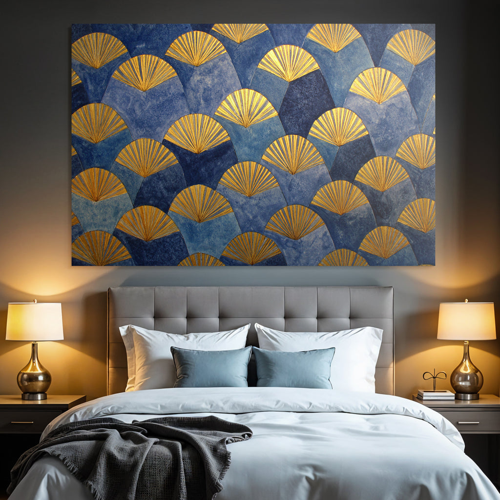 ArtDeco Dekoratives Fächermuster In Blau Und Gold