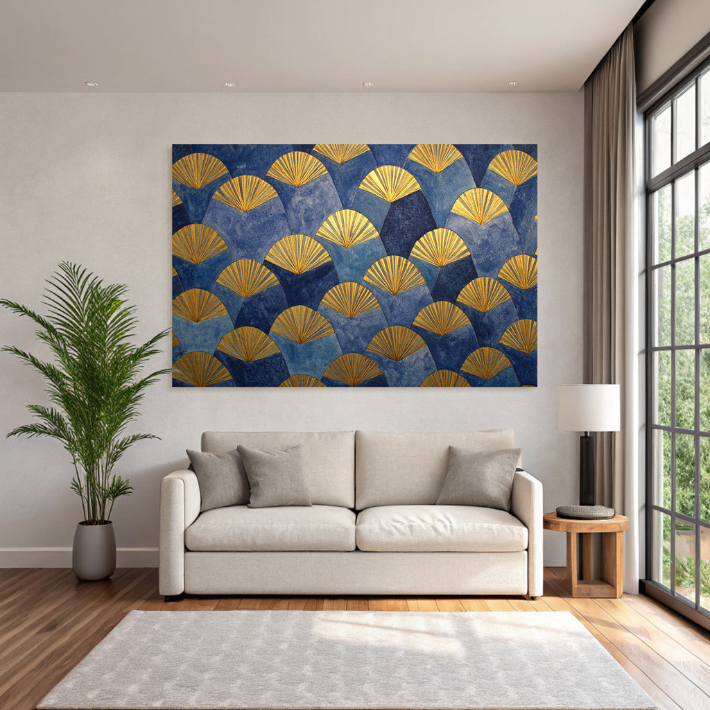 ArtDeco Dekoratives Fächermuster In Blau Und Gold