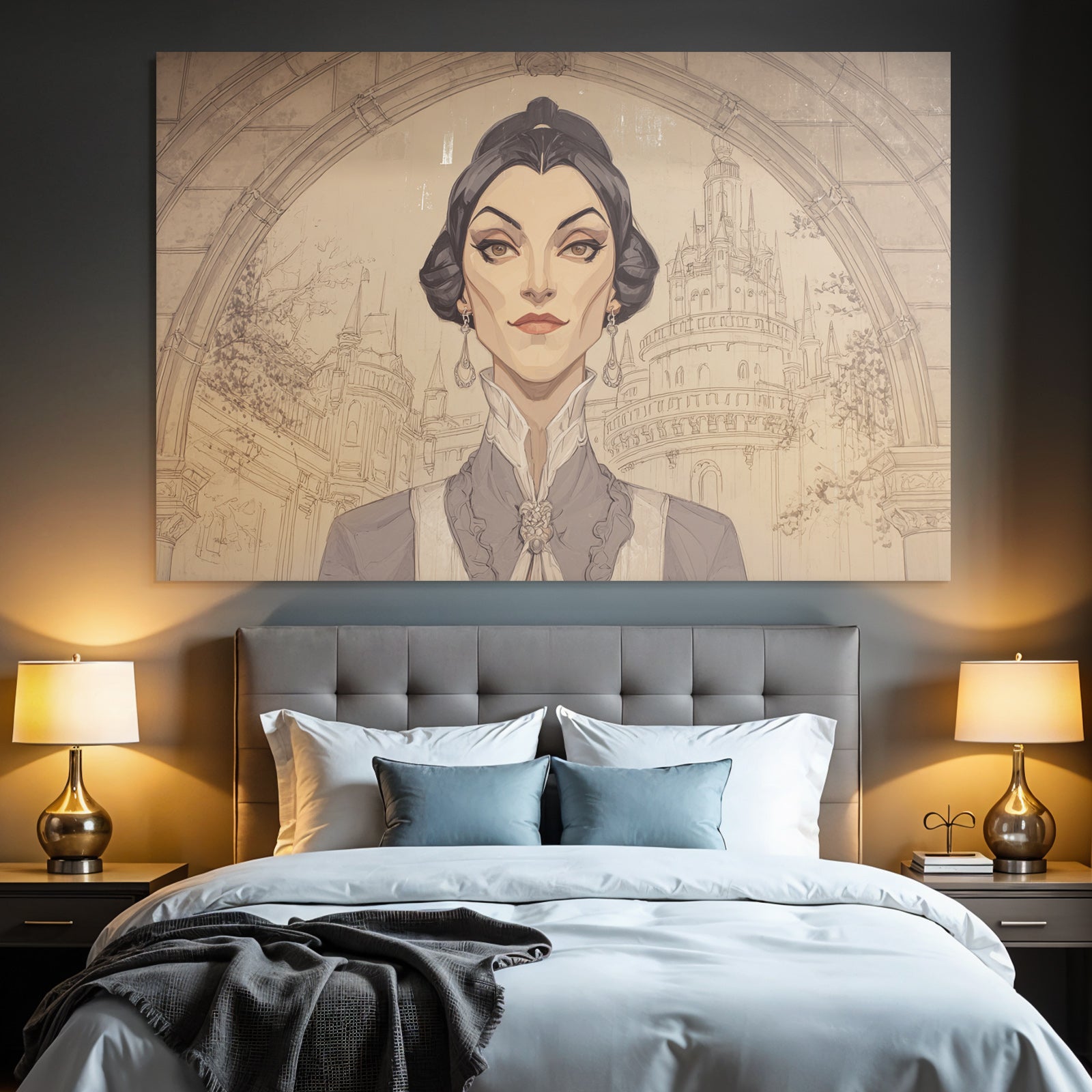 ArtDeco Elegante Fantasieillustration Einer Frau Vor Schlosskulisse