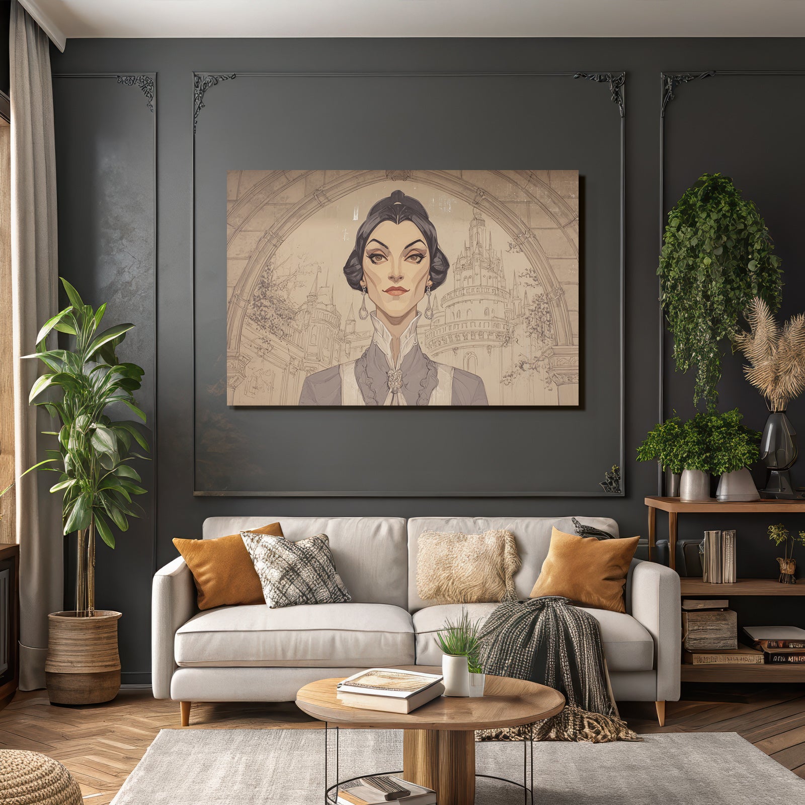 ArtDeco Elegante Fantasieillustration Einer Frau Vor Schlosskulisse