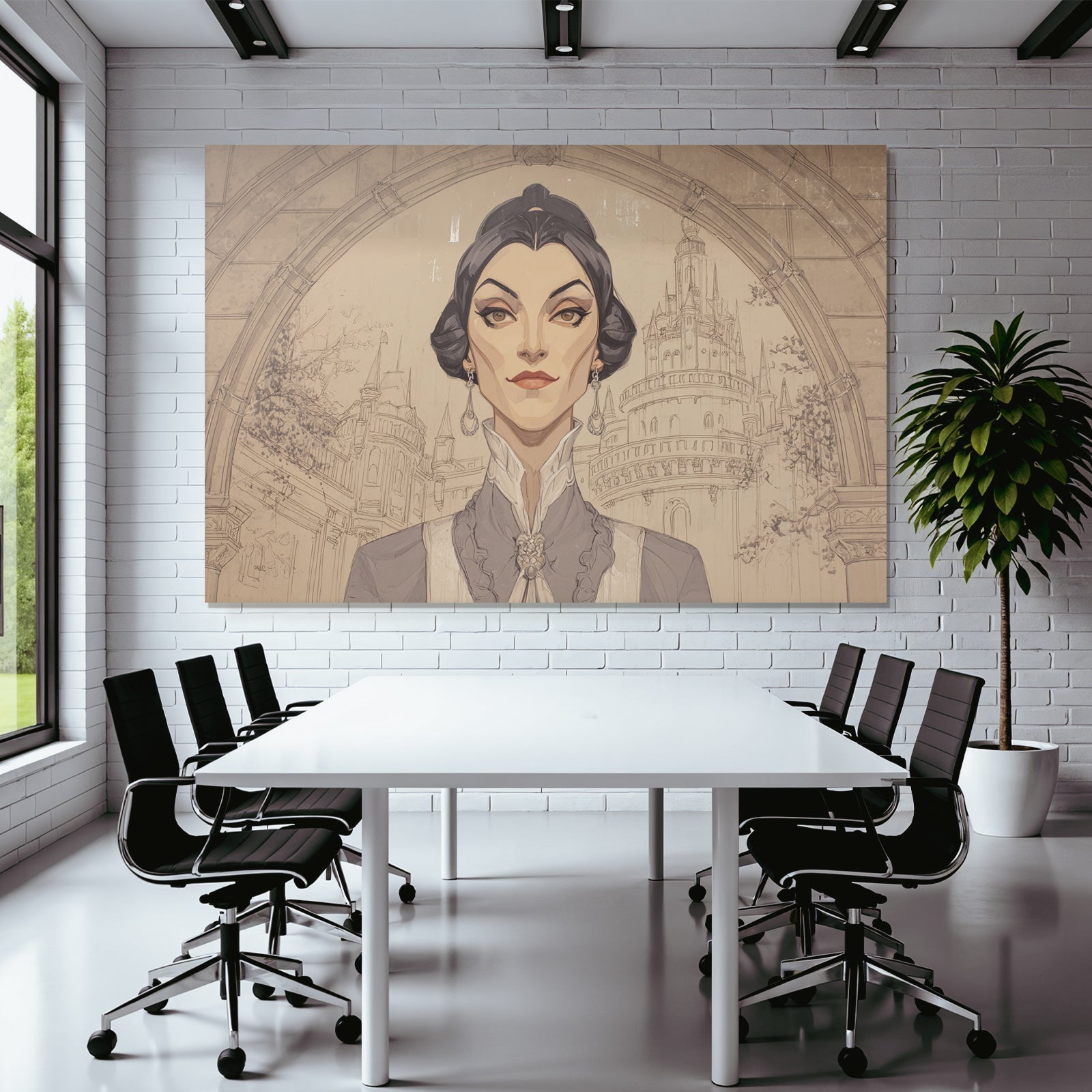 ArtDeco Elegante Fantasieillustration Einer Frau Vor Schlosskulisse