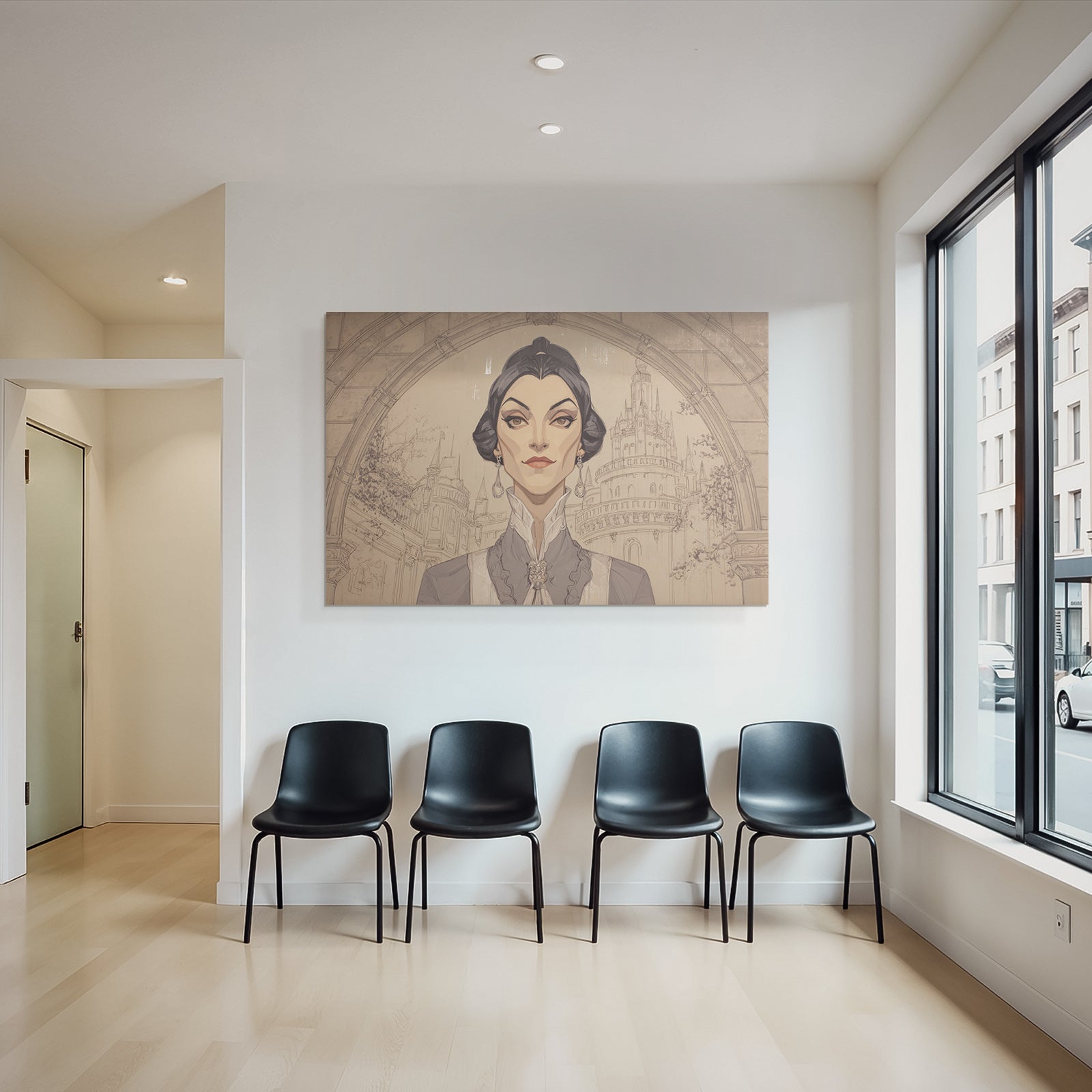 ArtDeco Elegante Fantasieillustration Einer Frau Vor Schlosskulisse