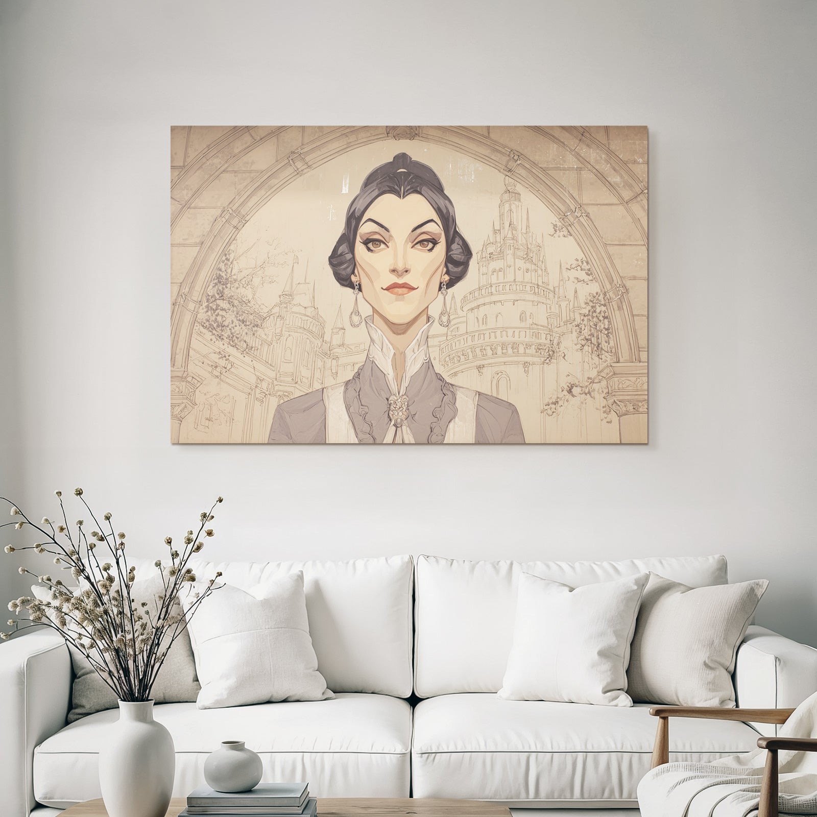 ArtDeco Elegante Fantasieillustration Einer Frau Vor Schlosskulisse