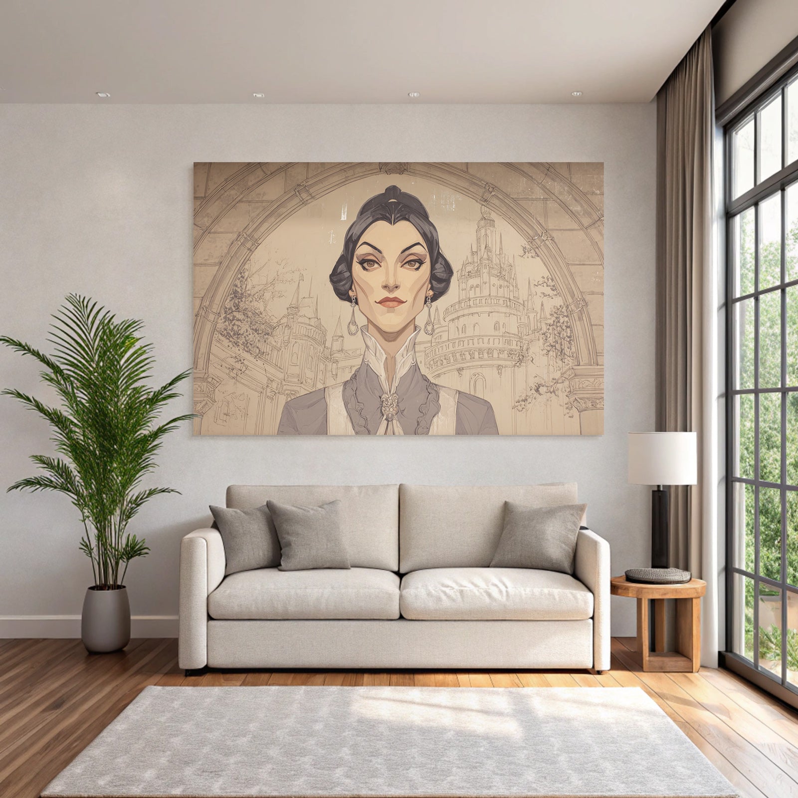 ArtDeco Elegante Fantasieillustration Einer Frau Vor Schlosskulisse