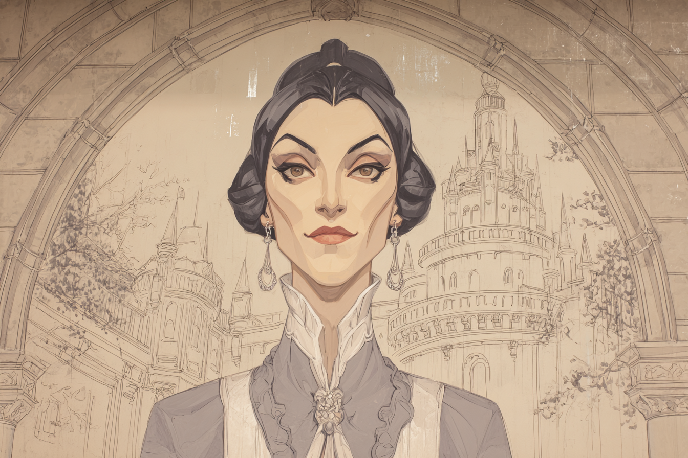 ArtDeco Elegante Fantasieillustration Einer Frau Vor Schlosskulisse | Art Deco | Stilrichtungen