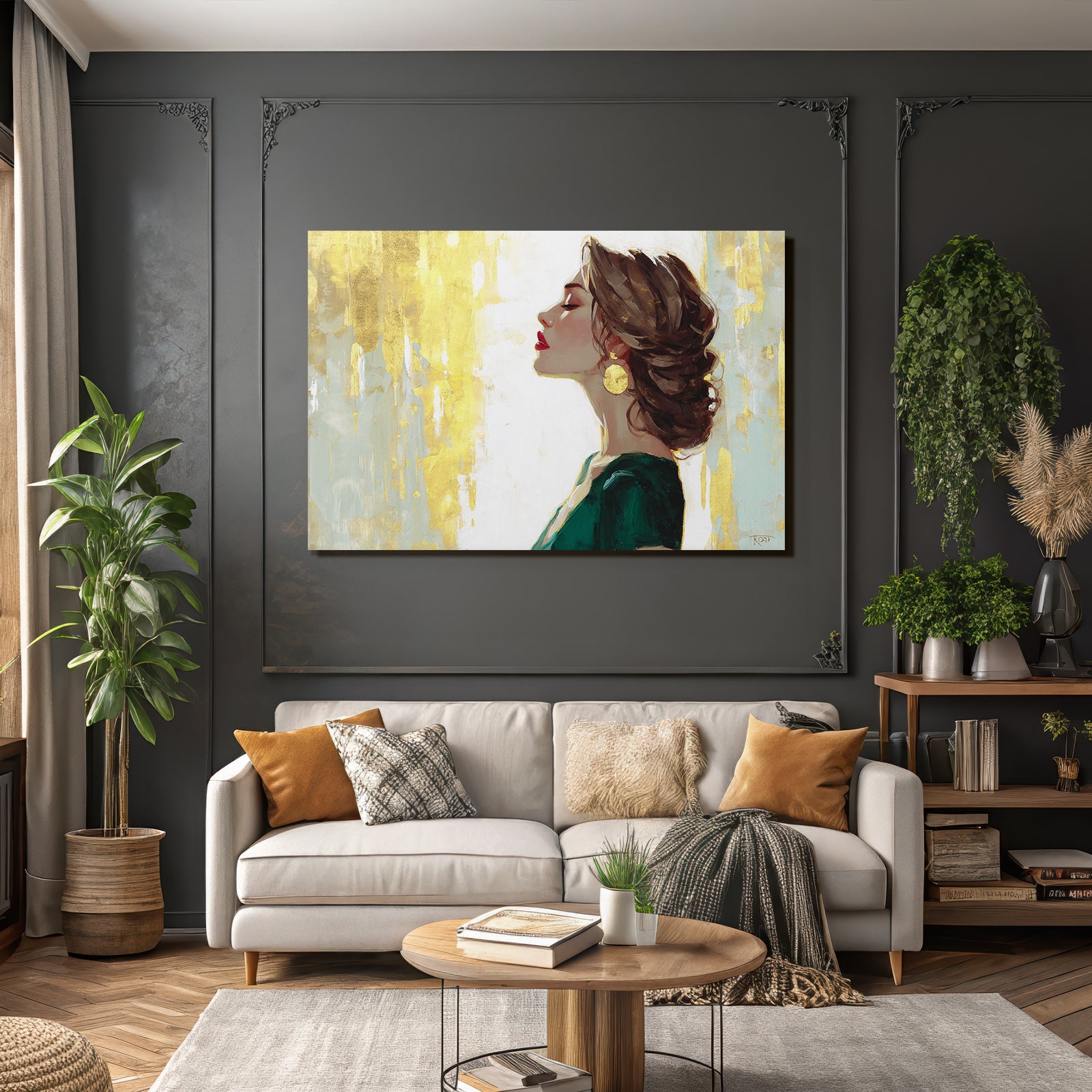 ArtDeco Elegante Frau Im Profil Mit Roten Lippen Und Grünem Kleid Vor Goldenem Hintergrund
