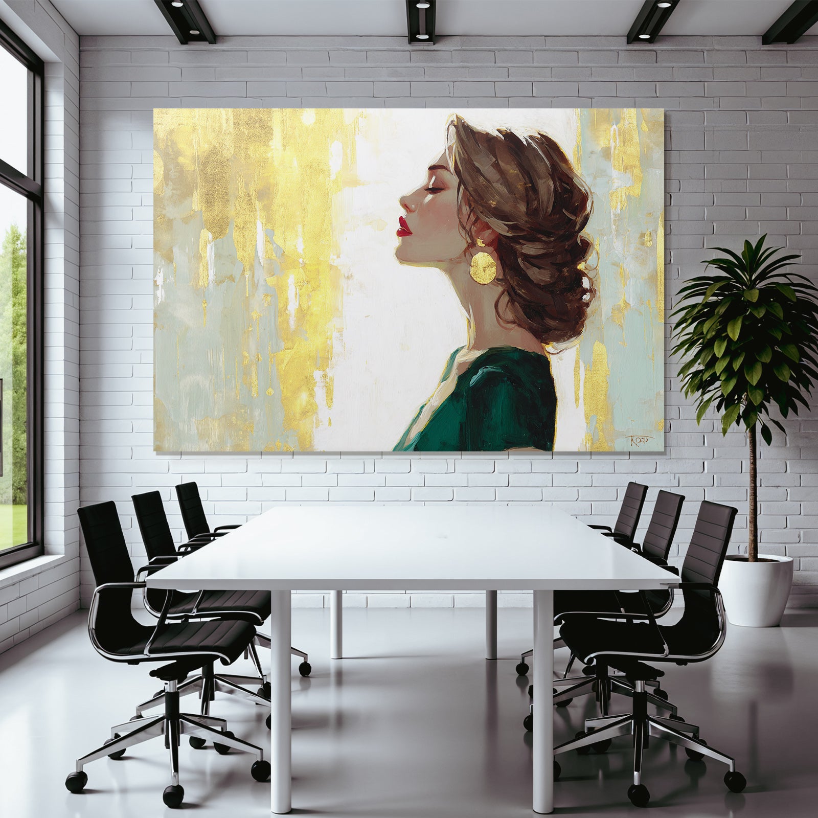 ArtDeco Elegante Frau Im Profil Mit Roten Lippen Und Grünem Kleid Vor Goldenem Hintergrund