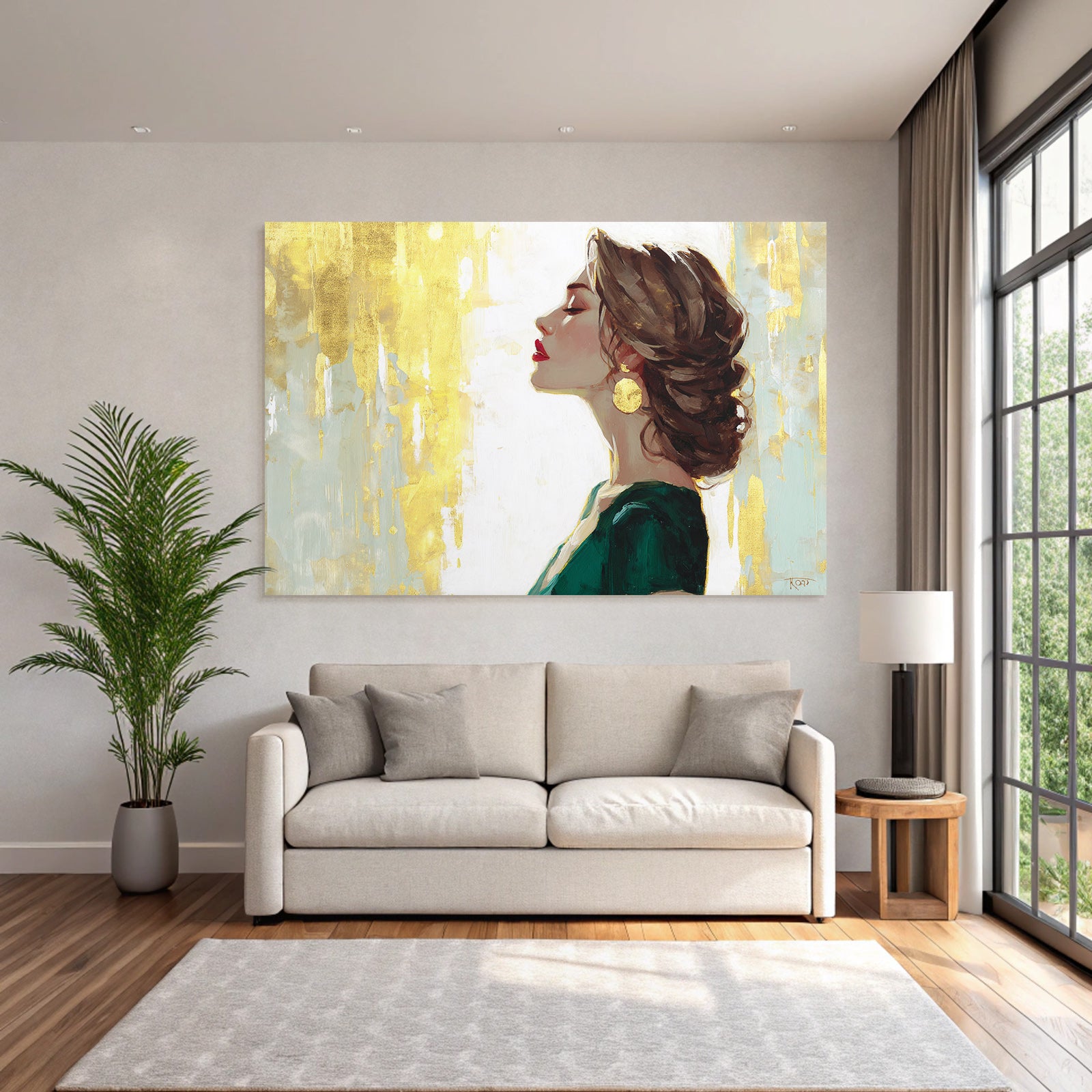 ArtDeco Elegante Frau Im Profil Mit Roten Lippen Und Grünem Kleid Vor Goldenem Hintergrund