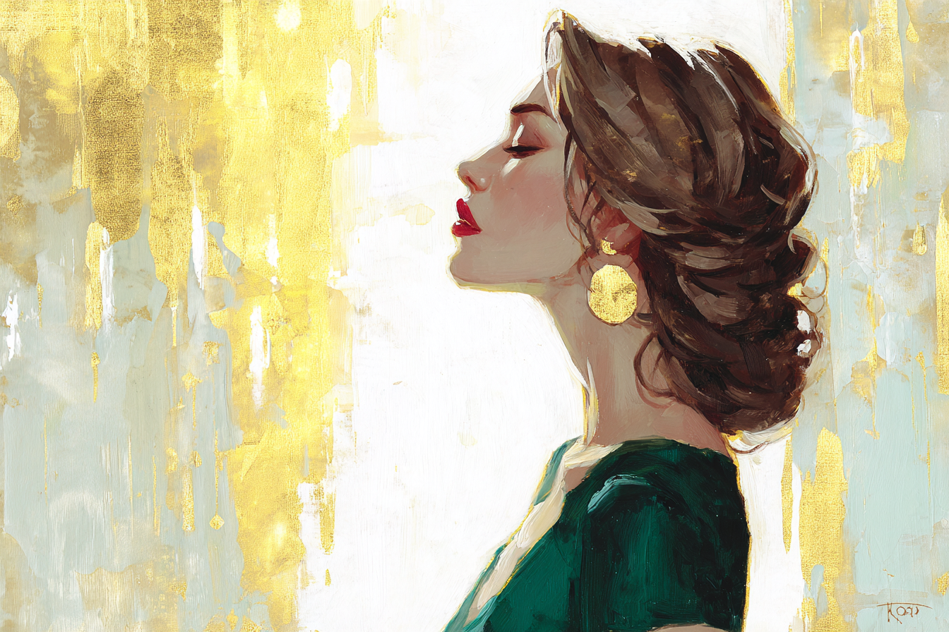 ArtDeco Elegante Frau Im Profil Mit Roten Lippen Und Grünem Kleid Vor Goldenem Hintergrund | Art Deco | Stilrichtungen