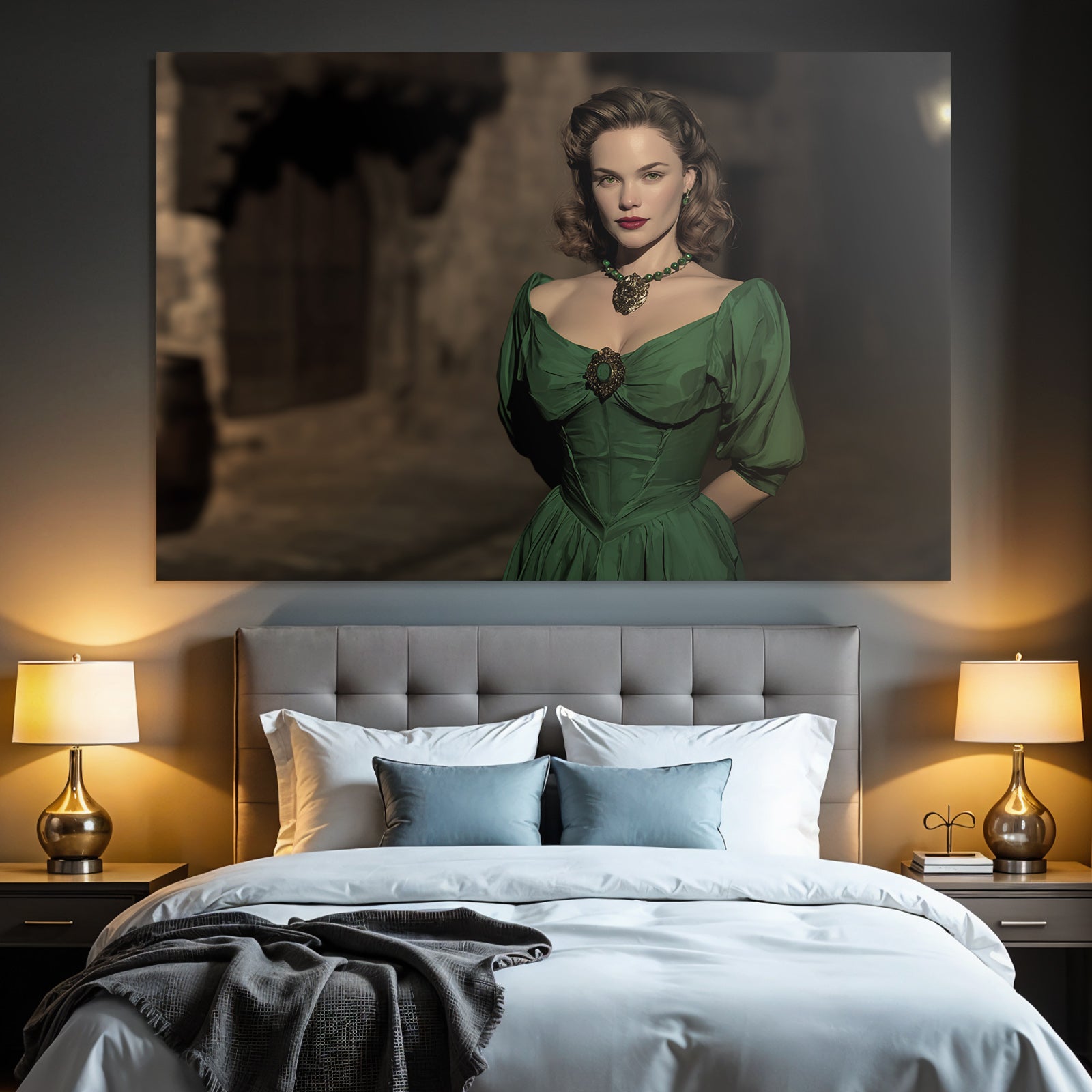 ArtDeco Frau In Grünem Retrokleid Im Hollywood Stil In Einer Dunklen Gasse