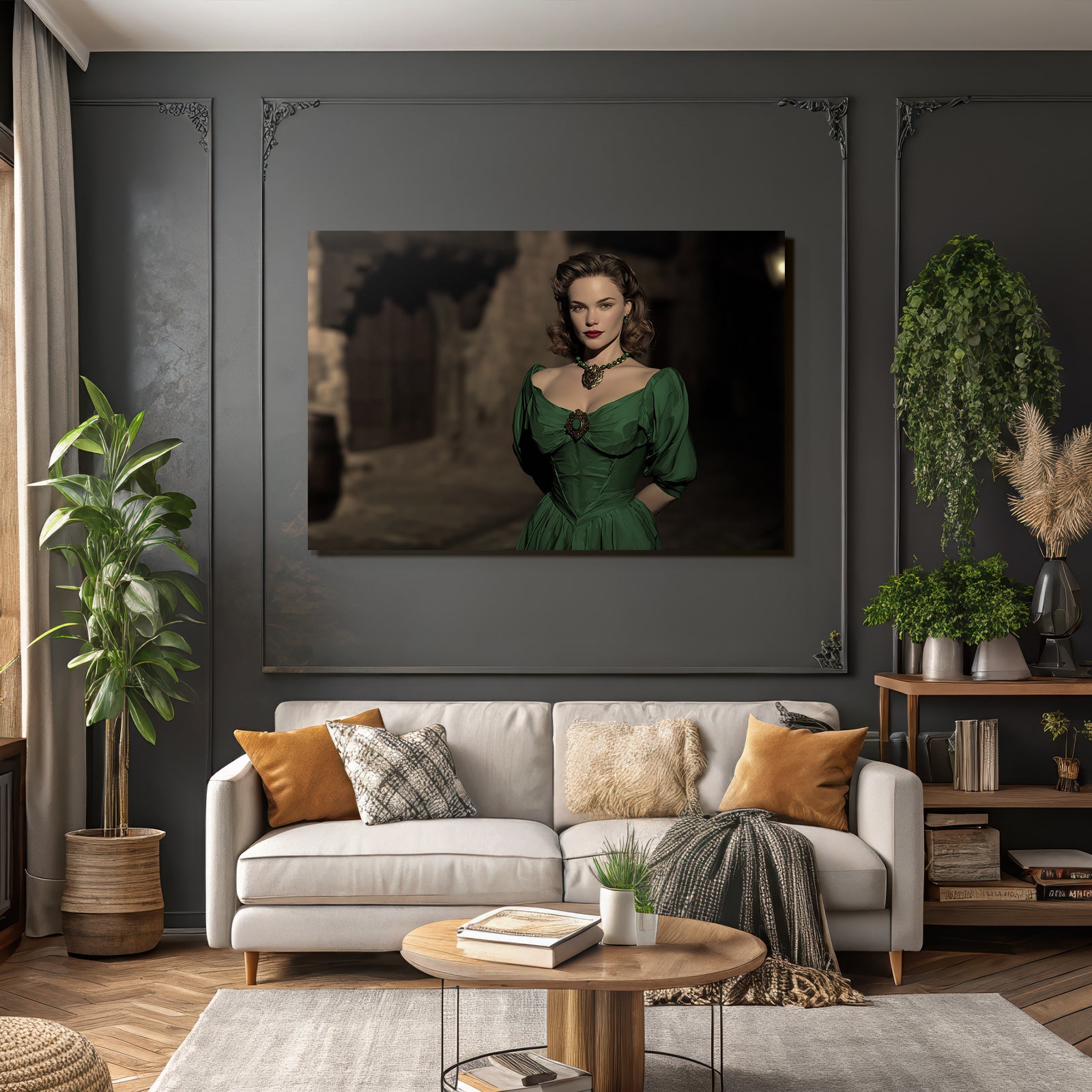 ArtDeco Frau In Grünem Retrokleid Im Hollywood Stil In Einer Dunklen Gasse