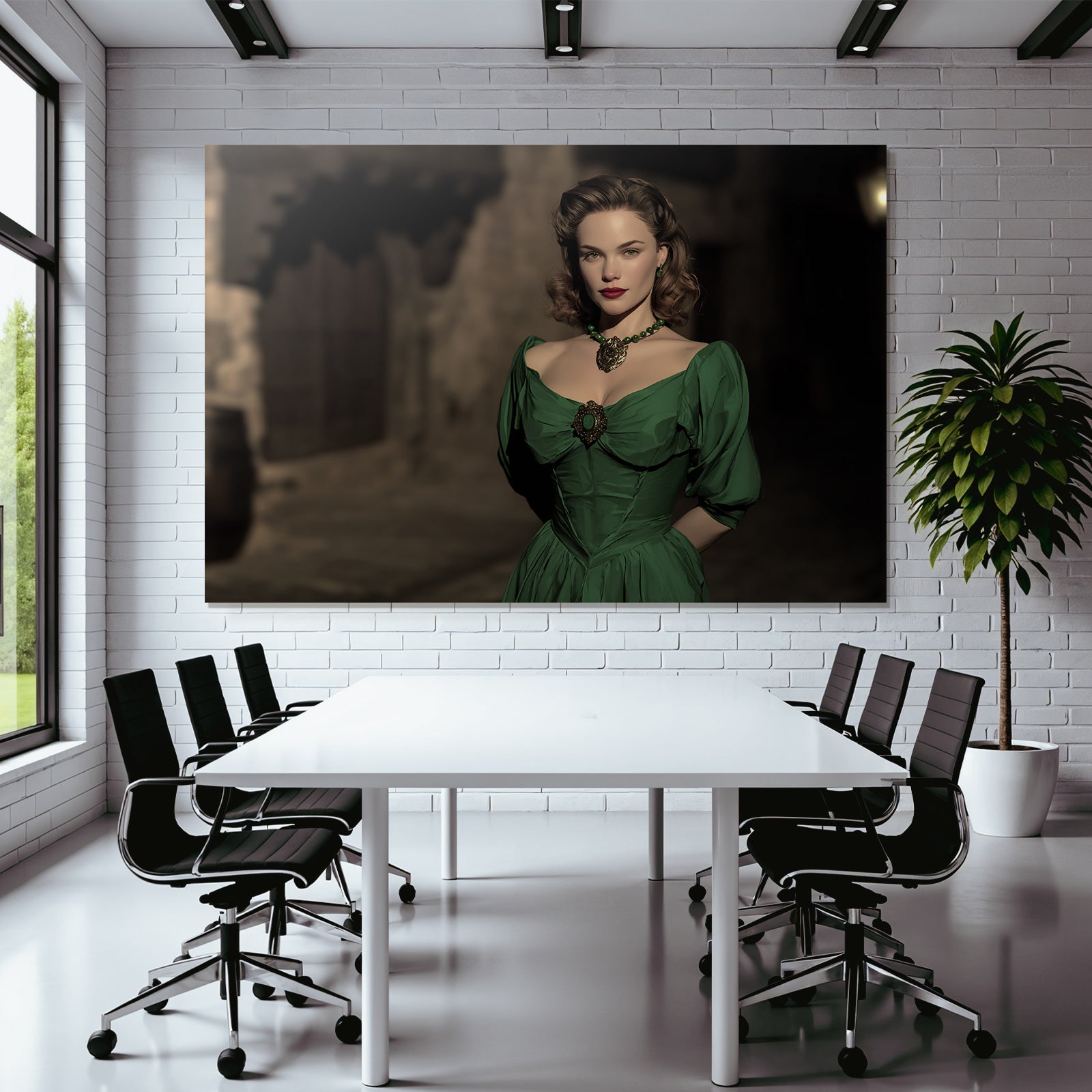 ArtDeco Frau In Grünem Retrokleid Im Hollywood Stil In Einer Dunklen Gasse