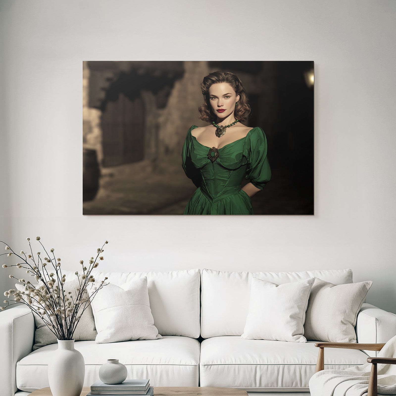 ArtDeco Frau In Grünem Retrokleid Im Hollywood Stil In Einer Dunklen Gasse
