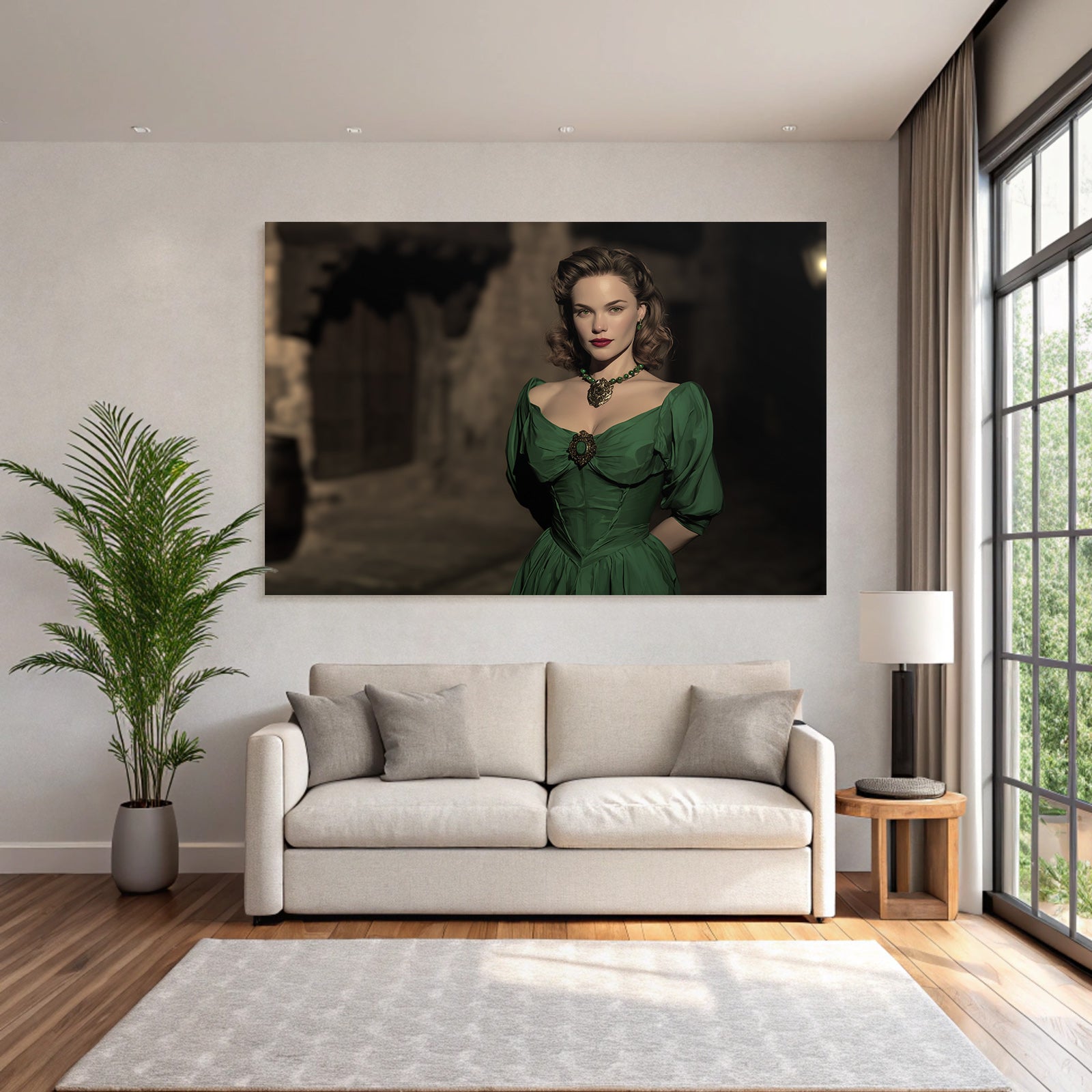 ArtDeco Frau In Grünem Retrokleid Im Hollywood Stil In Einer Dunklen Gasse