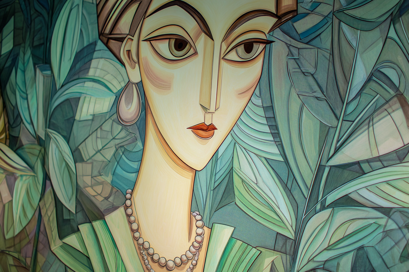 ArtDeco Frau Mit Geometrischen Zügen Vor Grünem Blattwerk | Art Deco | Stilrichtungen