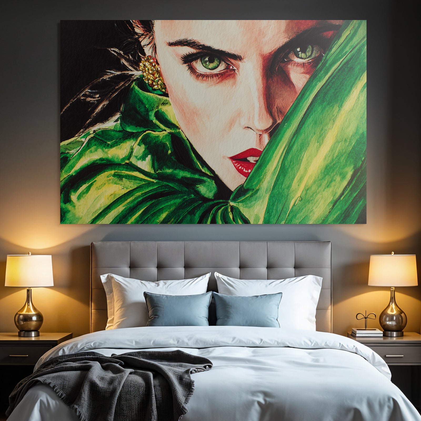 ArtDeco Frau Mit Grünen Augen Und Roten Lippen Im Aquarell