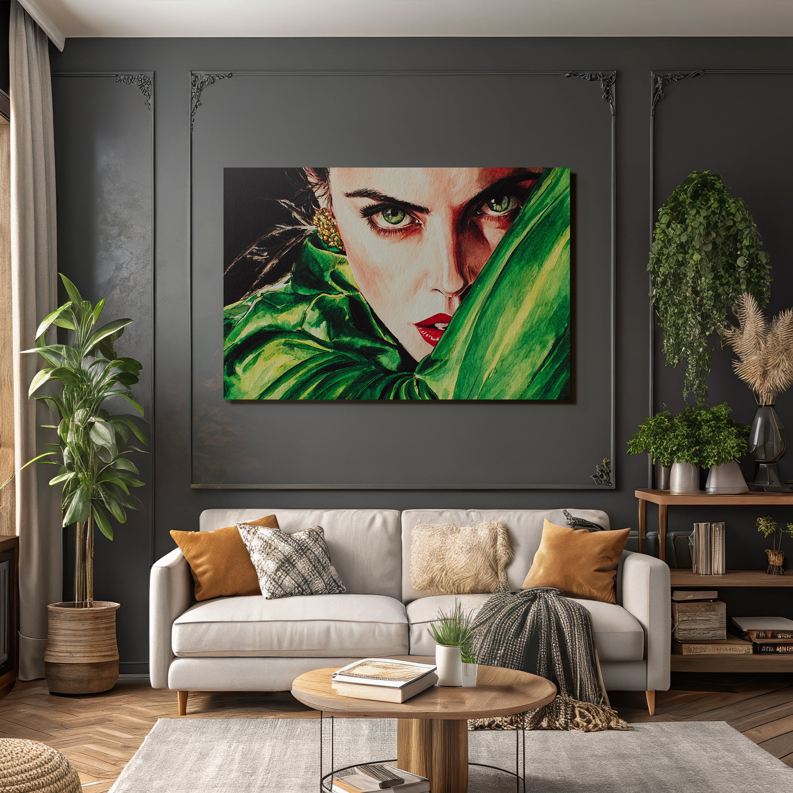 ArtDeco Frau Mit Grünen Augen Und Roten Lippen Im Aquarell