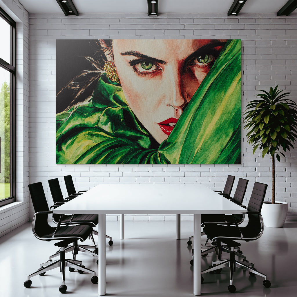 ArtDeco Frau Mit Grünen Augen Und Roten Lippen Im Aquarell