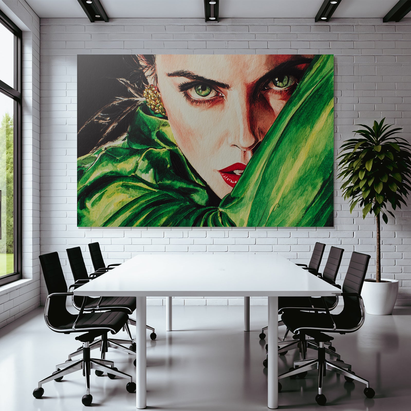 ArtDeco Frau Mit Grünen Augen Und Roten Lippen Im Aquarell