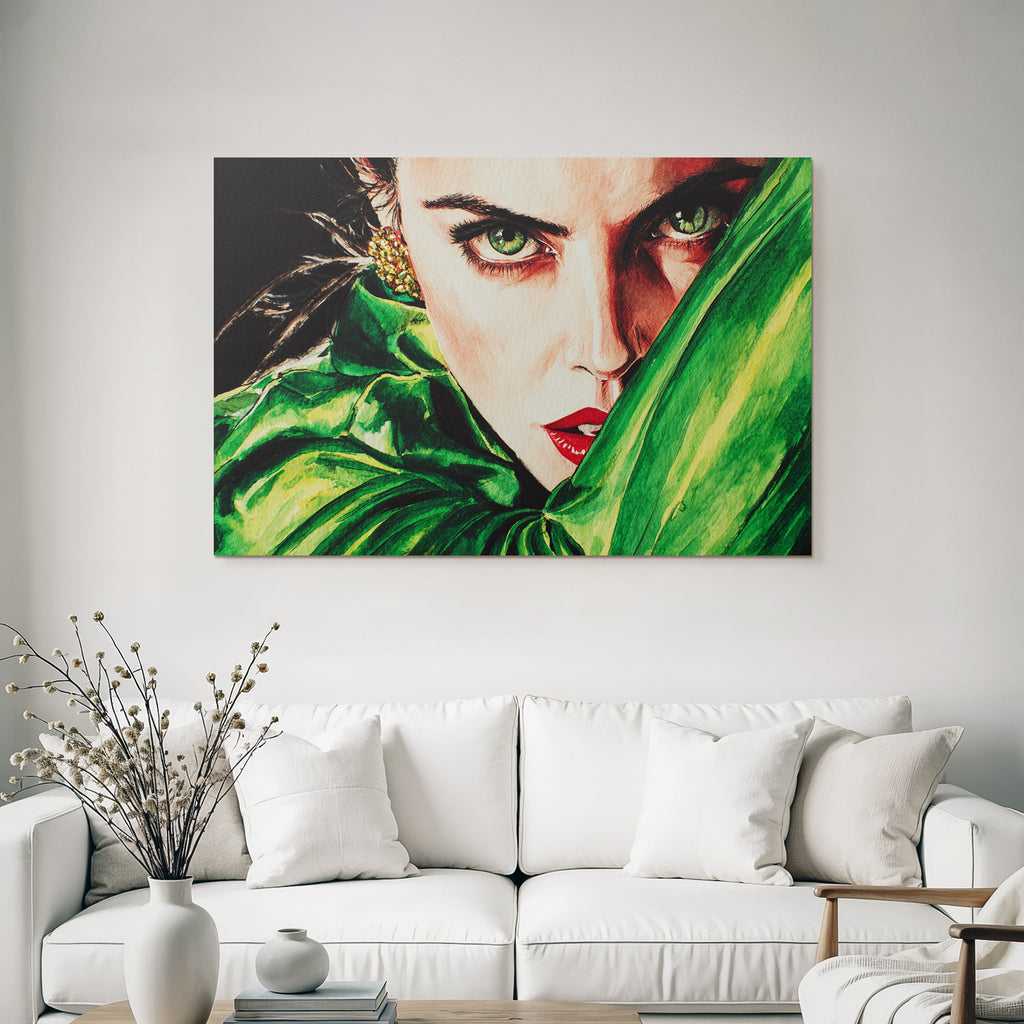 ArtDeco Frau Mit Grünen Augen Und Roten Lippen Im Aquarell