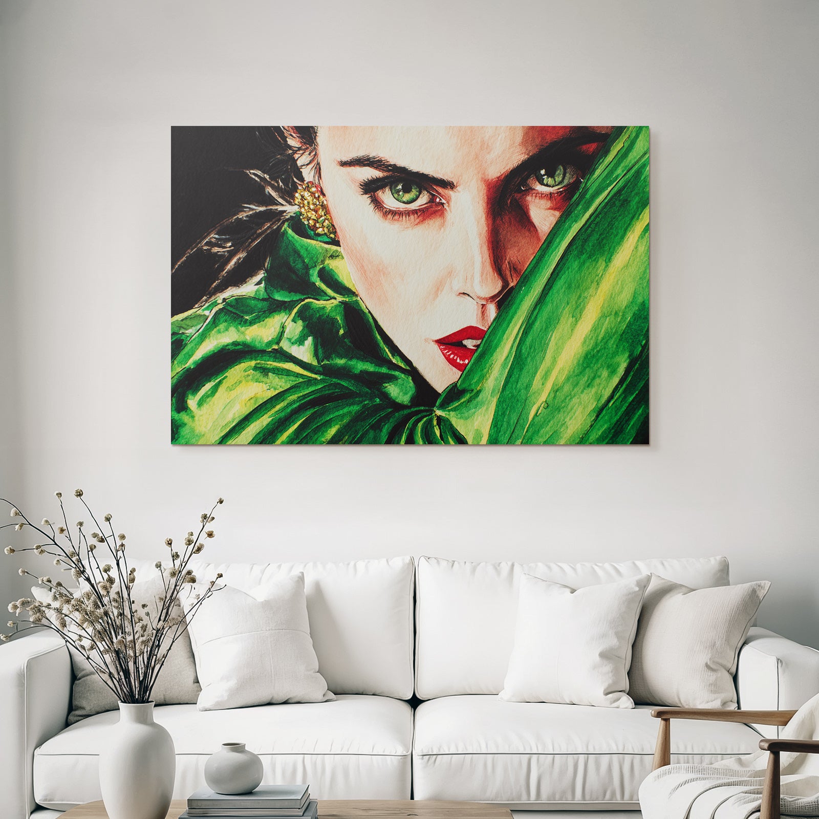 ArtDeco Frau Mit Grünen Augen Und Roten Lippen Im Aquarell