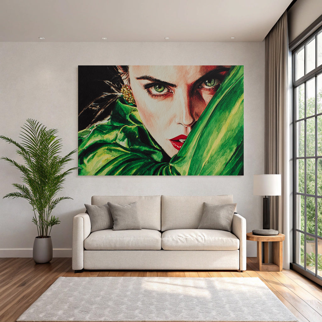 ArtDeco Frau Mit Grünen Augen Und Roten Lippen Im Aquarell