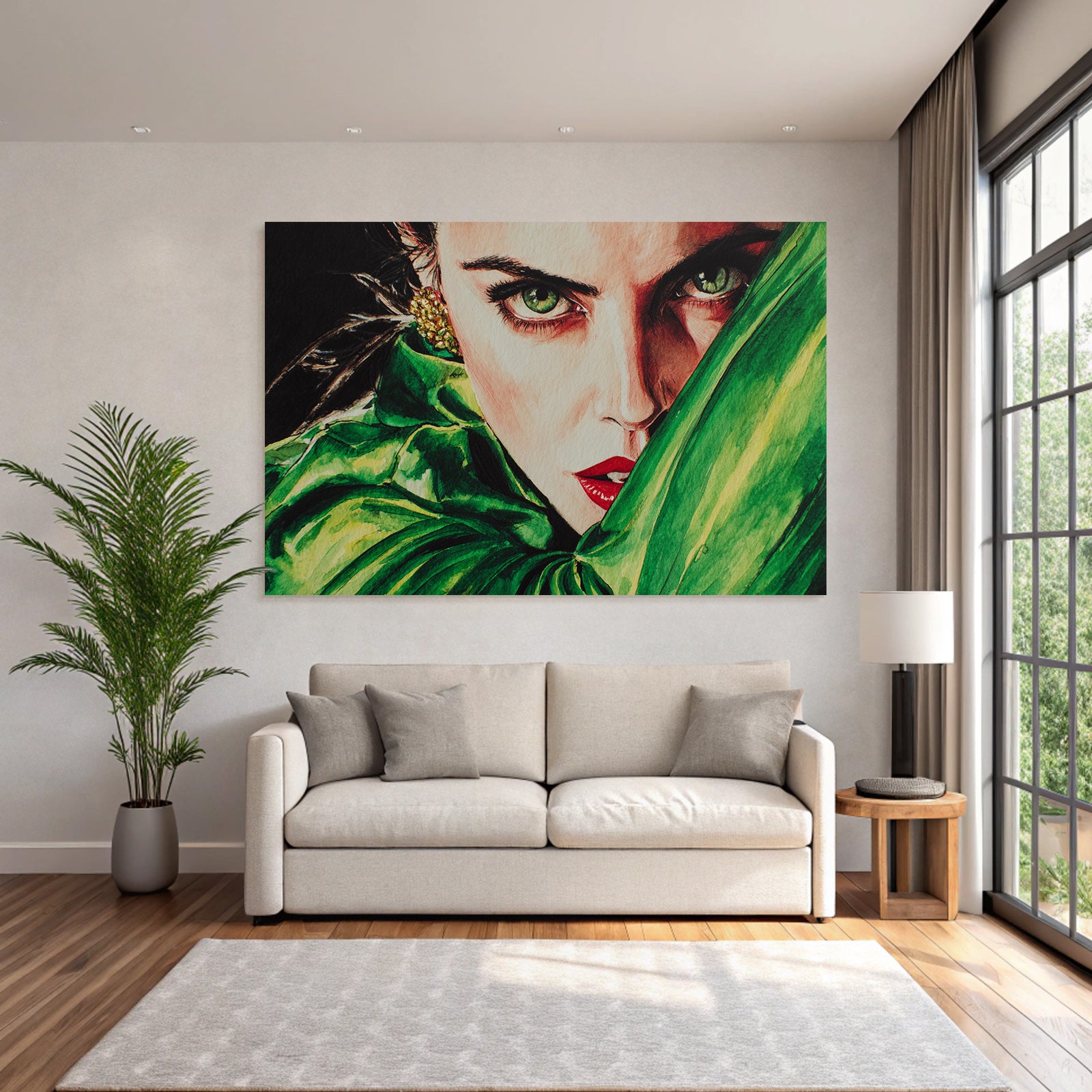 ArtDeco Frau Mit Grünen Augen Und Roten Lippen Im Aquarell