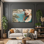 ArtDeco Frau Mit Langem Haar Und Dramatischem Makeup Vor Küstenlandschaft Mit Dorf