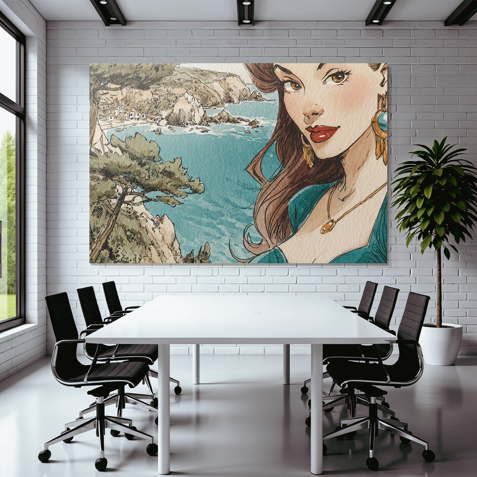 ArtDeco Frau Mit Langem Haar Und Dramatischem Makeup Vor Küstenlandschaft Mit Dorf