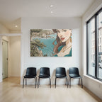 ArtDeco Frau Mit Langem Haar Und Dramatischem Makeup Vor Küstenlandschaft Mit Dorf