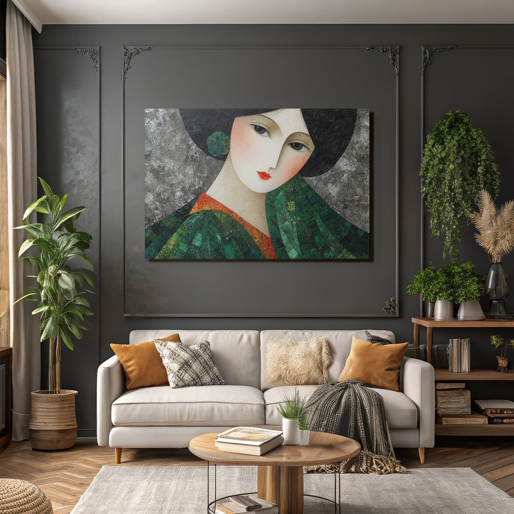 ArtDeco Frauporträt In Grün Und Orange Mit Texturiertem Hintergrund
