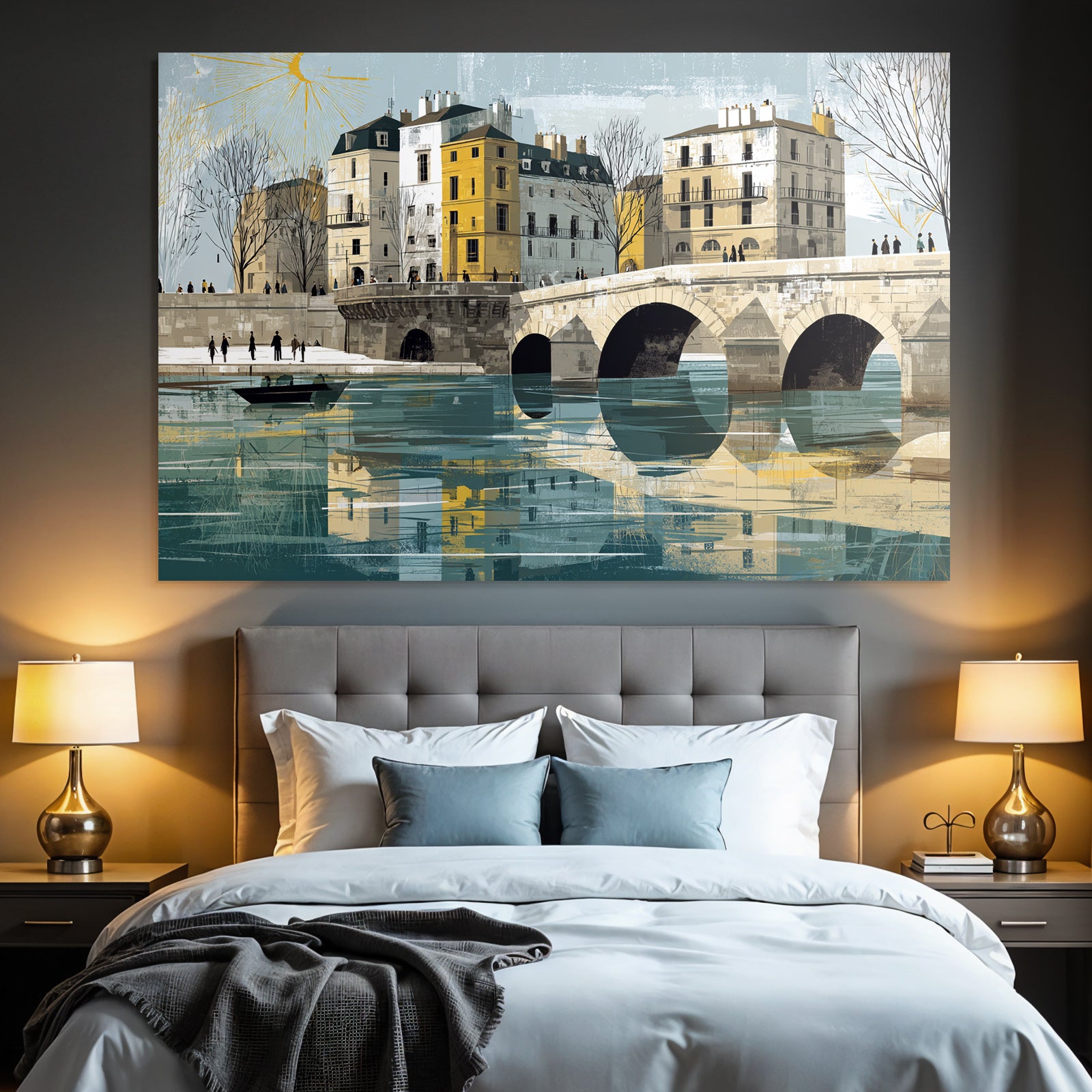 ArtDeco Klassische Europaeische Flusslandschaft Mit Brückenbögen Und Gebaeuden Am Wasser