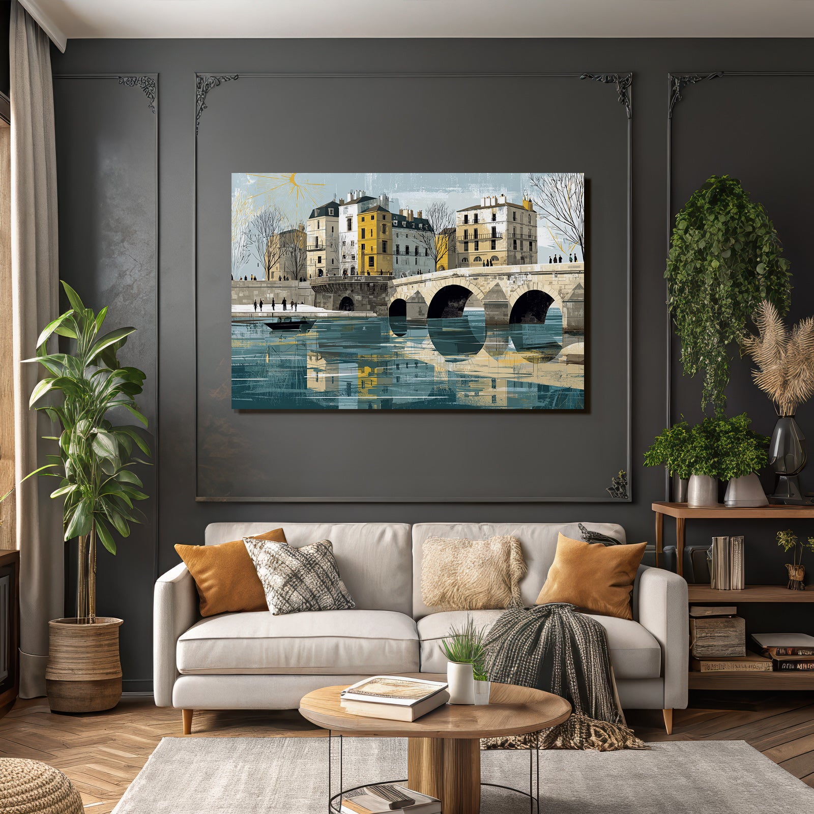 ArtDeco Klassische Europaeische Flusslandschaft Mit Brückenbögen Und Gebaeuden Am Wasser