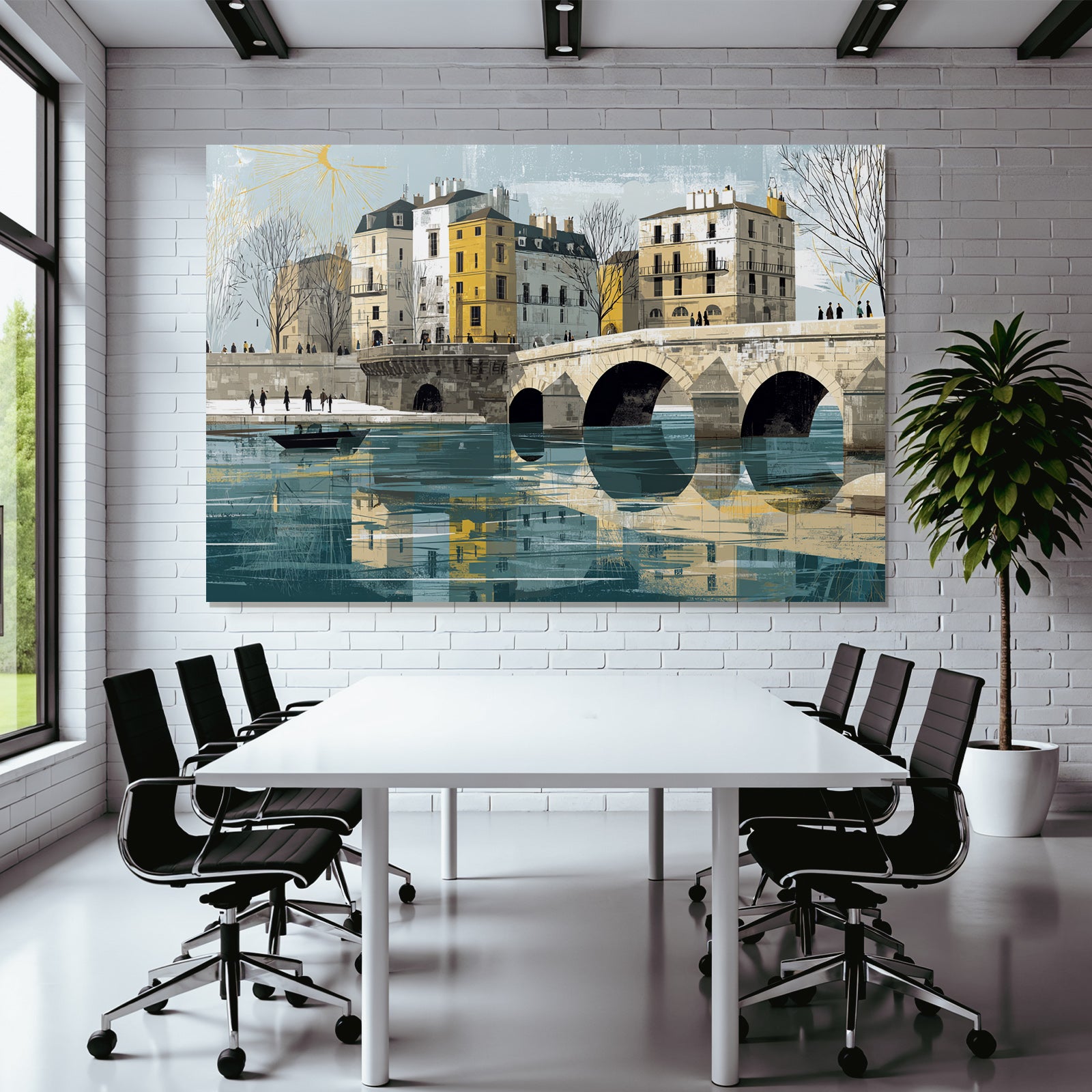 ArtDeco Klassische Europaeische Flusslandschaft Mit Brückenbögen Und Gebaeuden Am Wasser