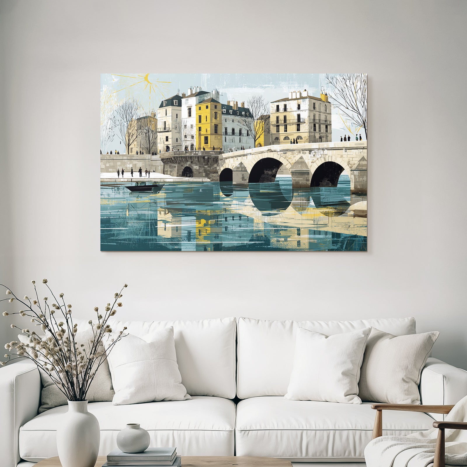 ArtDeco Klassische Europaeische Flusslandschaft Mit Brückenbögen Und Gebaeuden Am Wasser