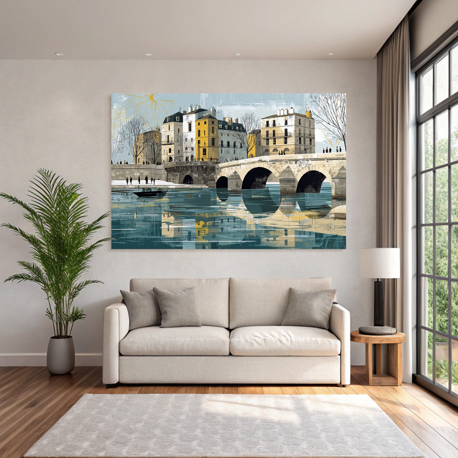 ArtDeco Klassische Europaeische Flusslandschaft Mit Brückenbögen Und Gebaeuden Am Wasser