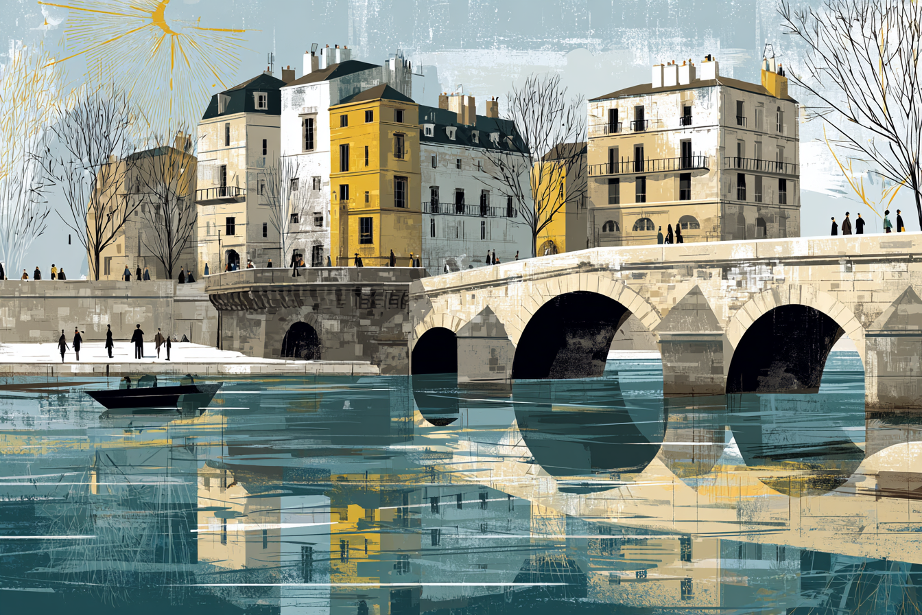 ArtDeco Klassische Europaeische Flusslandschaft Mit Brückenbögen Und Gebaeuden Am Wasser | Art Deco | Stilrichtungen