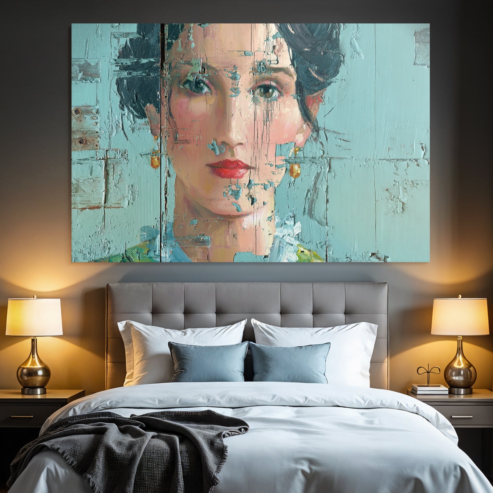 ArtDeco Portrait Einer Frau Mit Texturierter Oberfläche Und Abgeblatterter Farbe
