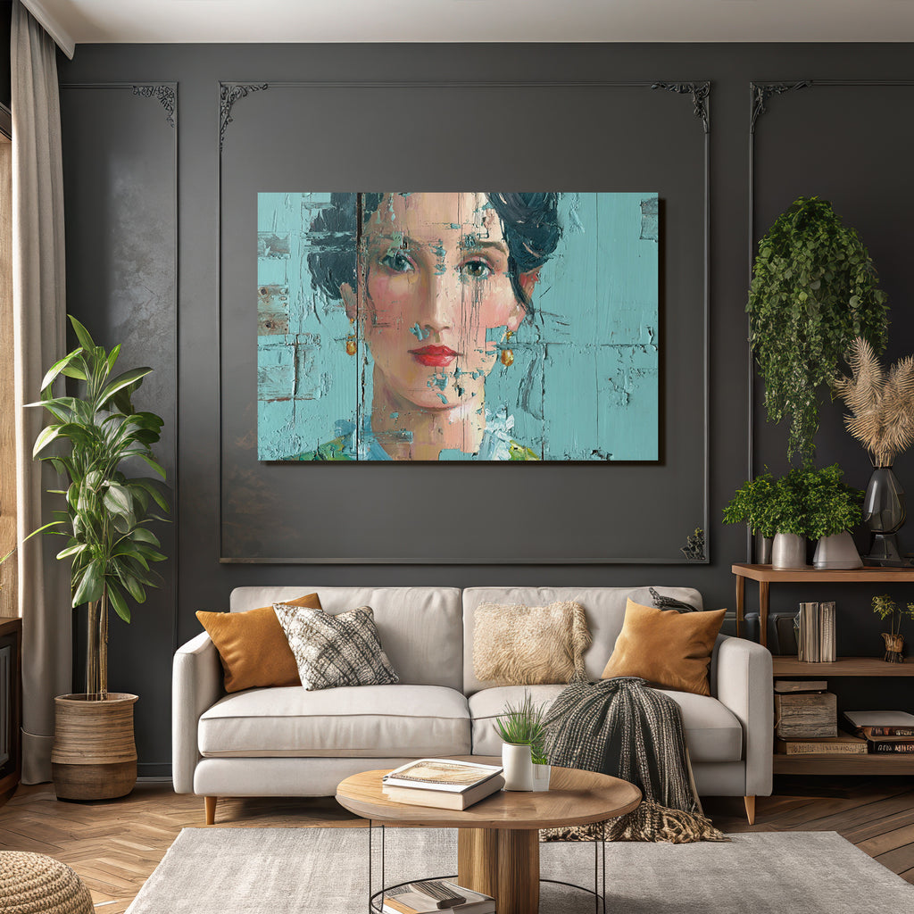 ArtDeco Portrait Einer Frau Mit Texturierter Oberfläche Und Abgeblatterter Farbe