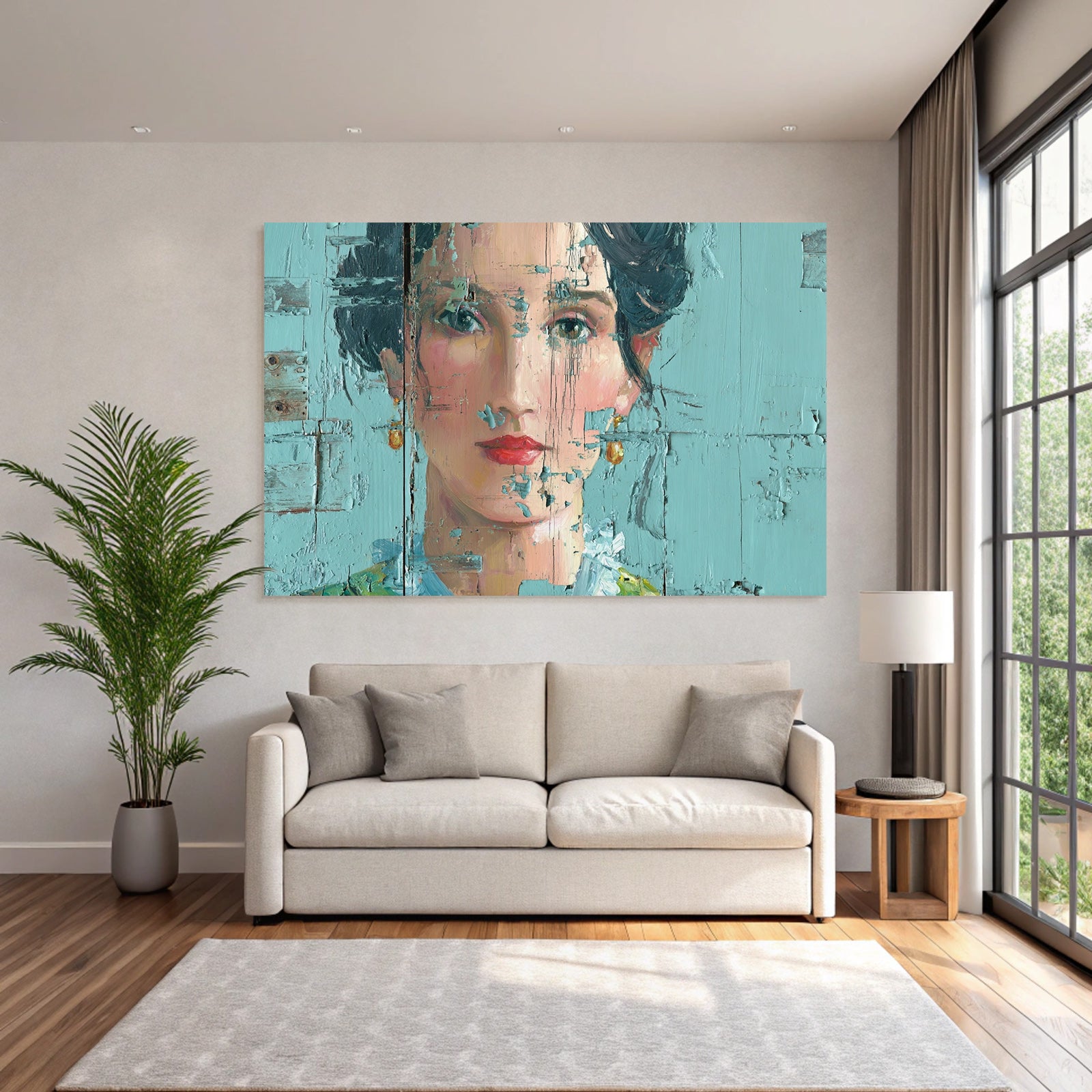 ArtDeco Portrait Einer Frau Mit Texturierter Oberfläche Und Abgeblatterter Farbe