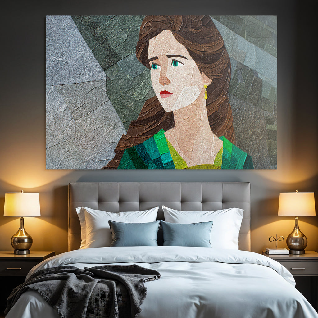 ArtDeco Stilisierte Nachdenkliche Frau Mit Collage Technik