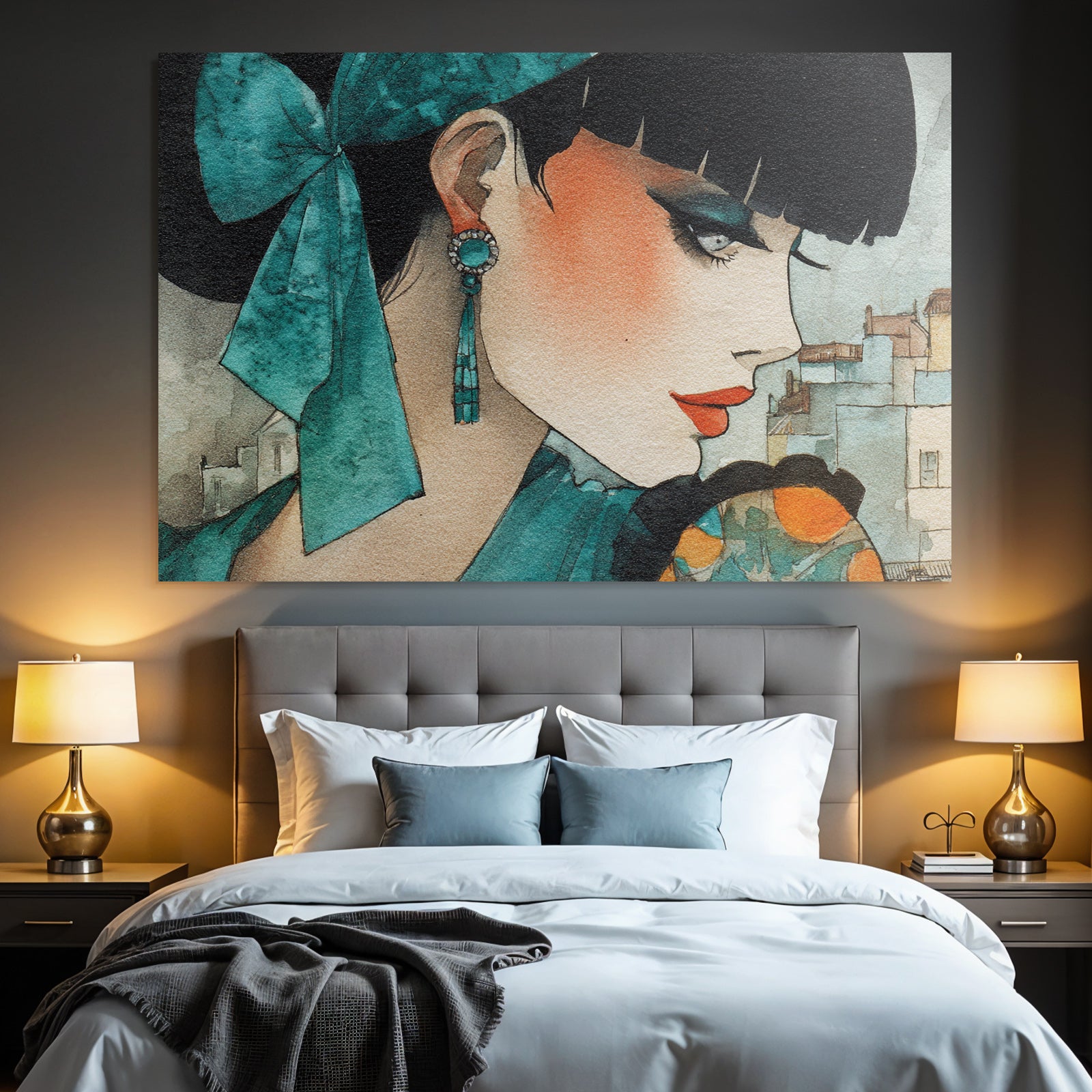 ArtDeco Stilvolle Modeillustration Mit Turkiser Schleife Und Ohrringen Im Urbanen Wasserfarbstil