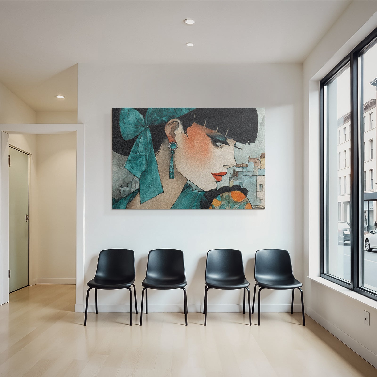 ArtDeco Stilvolle Modeillustration Mit Turkiser Schleife Und Ohrringen Im Urbanen Wasserfarbstil