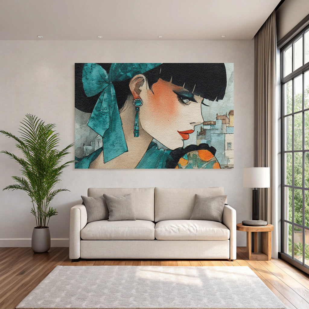 ArtDeco Stilvolle Modeillustration Mit Turkiser Schleife Und Ohrringen Im Urbanen Wasserfarbstil