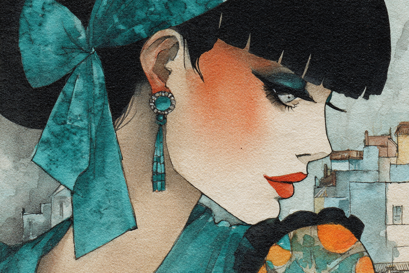ArtDeco Stilvolle Modeillustration Mit Turkiser Schleife Und Ohrringen Im Urbanen Wasserfarbstil | Art Deco | Stilrichtungen